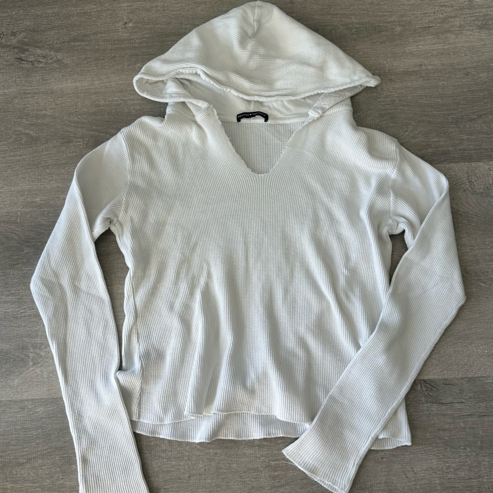 Brandy Melville Women's White Hooded Top waffle sweater